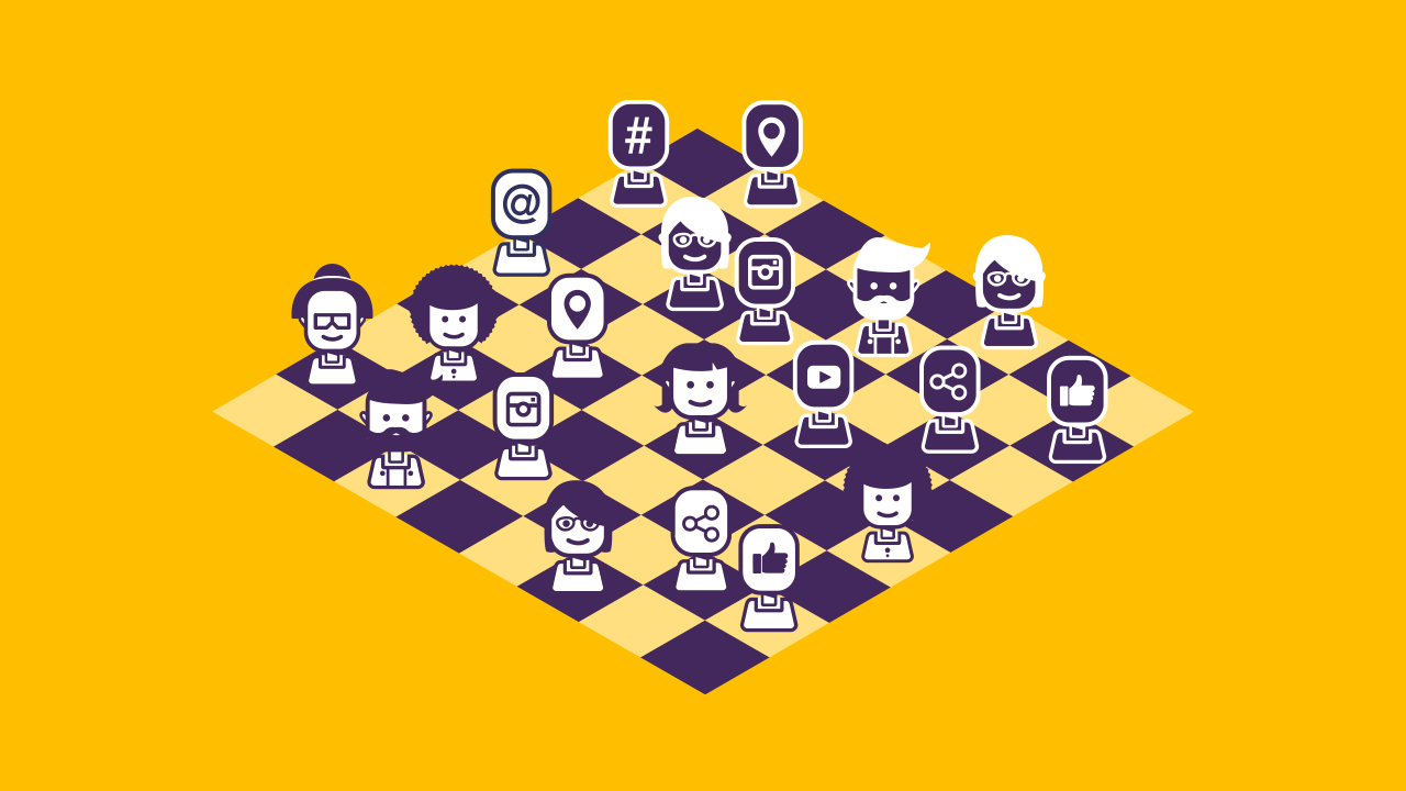 Image de couverture : illustration sur fond jaune d'un échiquier sur lequel sont placés des pièces dont certaines sont composées d'un visage humain, et d'autres sont des symboles liés au numérique (logos de plateformes sociales, icônes de partage et de localisation, etc.)