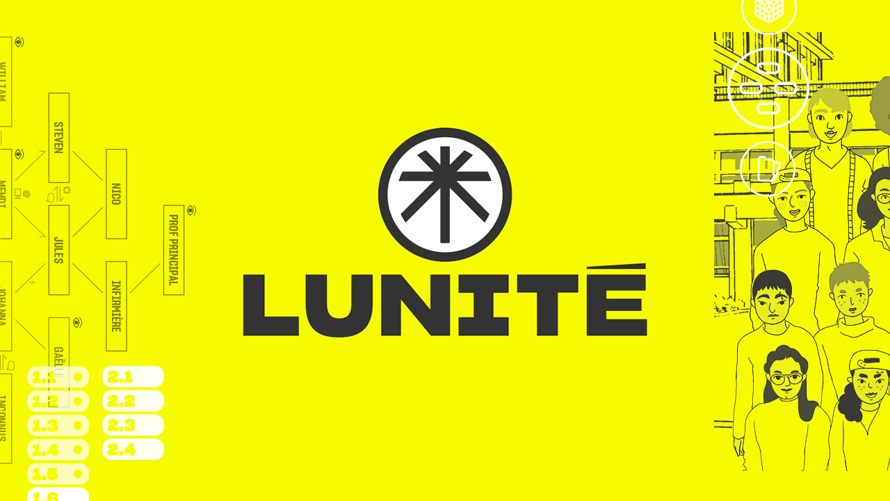 Image de couverture : logo de l'organisme fictif Lunité et éléments graphiques du dispositif. Le fond est jaune fluo, le logo inclut un symbole étoilé sur fond blanc et le nom "Lunité" dans une police carrée, impactante.