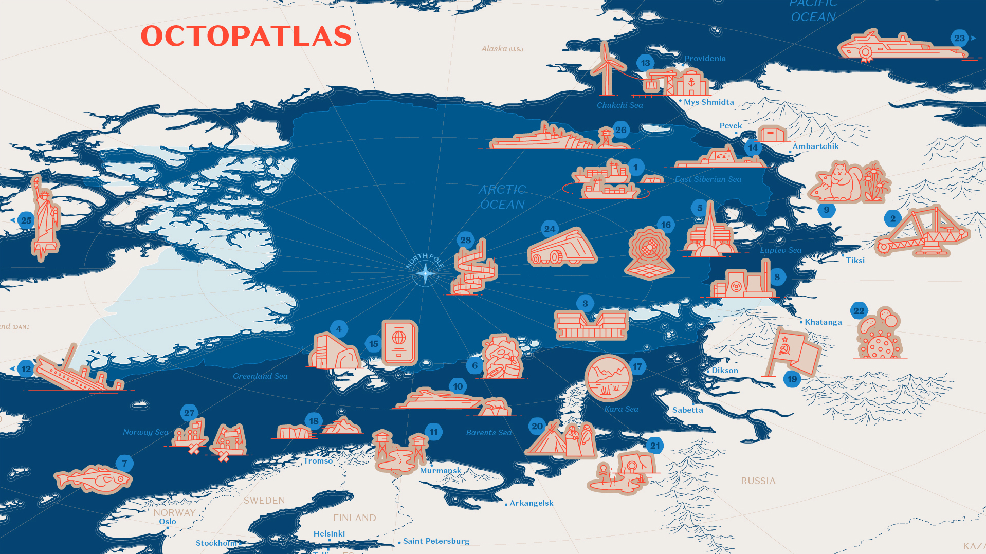 Première capture d'écran de l'outil "Octopatlas". Il s'agit d'une carte couvrant l'océan Arctique, le nord de l'Europe et la Sibérie. Des numéros sont parsemés sur lette carte, chacun accompagné d'une petite illustration. Chacun donne accès à quelque chose.