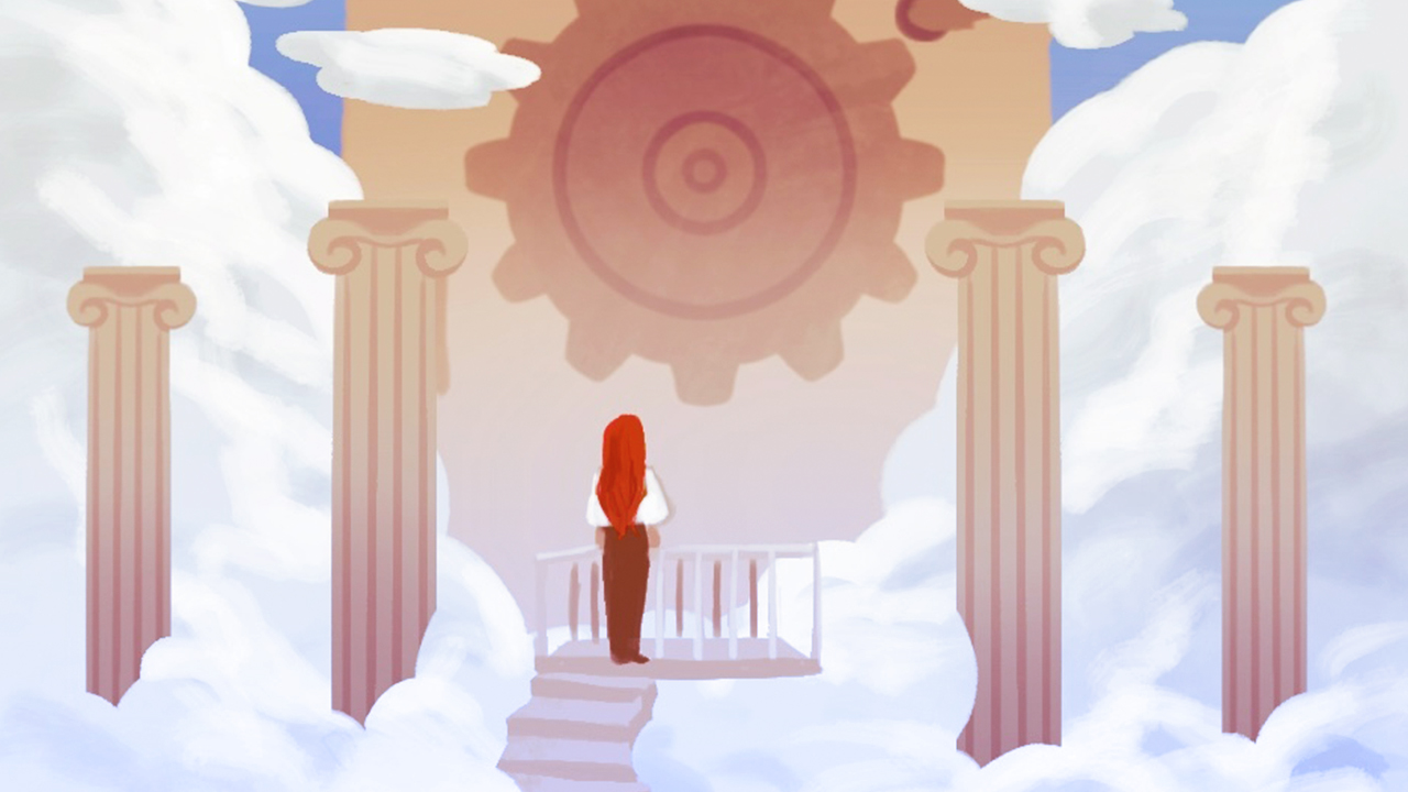 Image de couverture : illustration de l'héroïne du jeu, Deya, en haut d'un escalier au milieu des nuages. Elle est placée de dos, et fait face à une gigantesque machine à rouages.