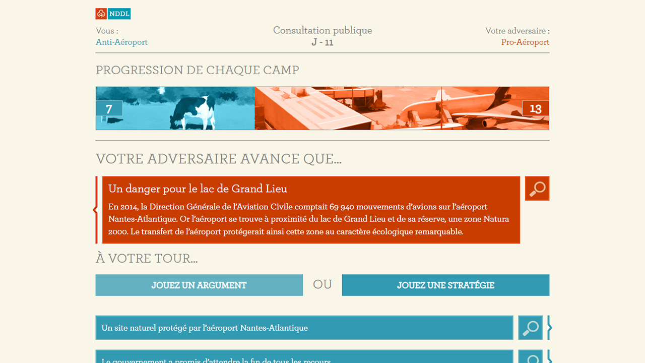 Seconde capture d'écran du jeu. Le jeu est en cours. Un indicateur affiche que la consultation publique est dan 11 jours. Un autre indique que le camp Pro a 13 points contre 7 pour le camp Anti. Un texte est présenté : "Votre adversaire avance ceci. Un danger pour le lac de Grand Lieu. En 2014, la Direction Générale de l'Aviation Civile comptait 69940 mouvements d'avions sur l'aéroport Nantes-Atlantique. Or l'aéroport se trouve à proximité du lac de Grand Lieu et se sa réserve, une zone Natura 2000. Le transfert de l'aéroport protégerait ainsi cette zone au caractère écologique remarquable." Il est ensuite suggéré au joueur de jouer à son tour, soit un argument, soit une stratégie.