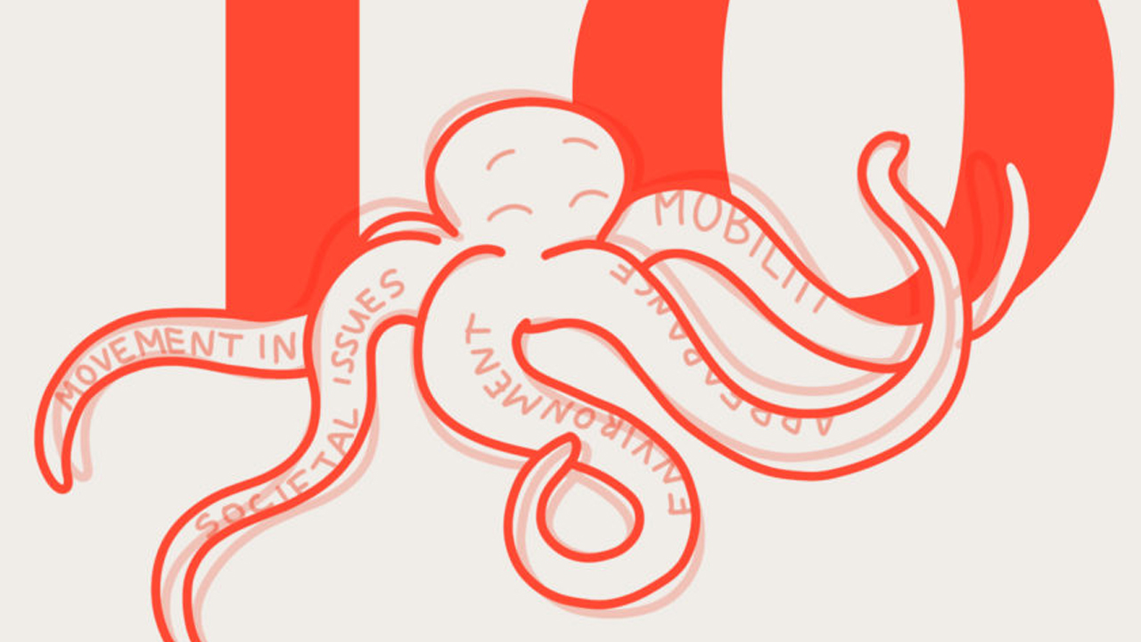 Image de couverture : illustration d'Octopa, une pieuvre dont on peut lire des mots sur certains de ses tentacules : "mobility", "appearance", "environment", "societal issues".
