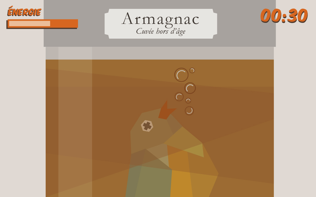 Capture d'écran du troisième mini-jeu. Le joueur contrôle un ortolan qui doit tenter de se dégager d'une cuve d'Armagnac.