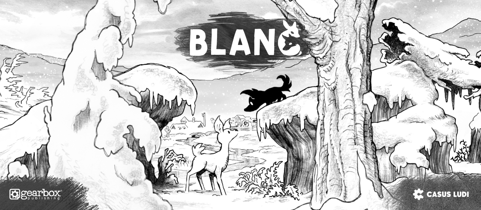 Artwork principal et couverture du jeu Blanc. l'illustration est réalisée entièrement au crayon, à la main, en noir et blanc. Elle représente une scène de nature enneigée. Au centre, deux animaux se font face, intrigués : un faon blanc et un louveteau noir. En bas de l'image figurent les logos de Casus Ludi et Gearbox Publishing.