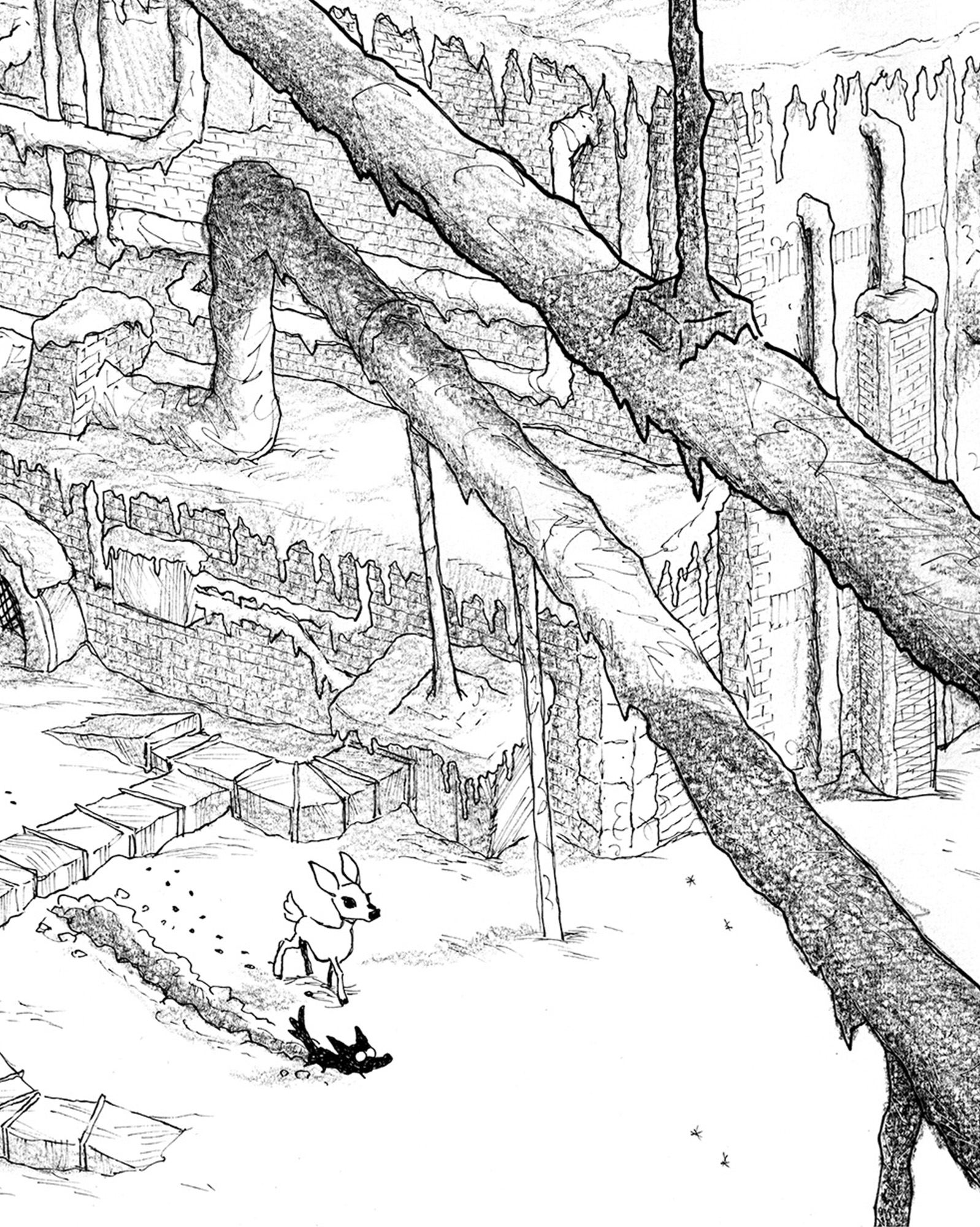 Illustration conceptuelle du jeu Blanc en noir et blanc. Le faon et le louveteau marchent seuls dans un paysage urbain, vraisemblablement une usine, enneigé après une violente tempête.