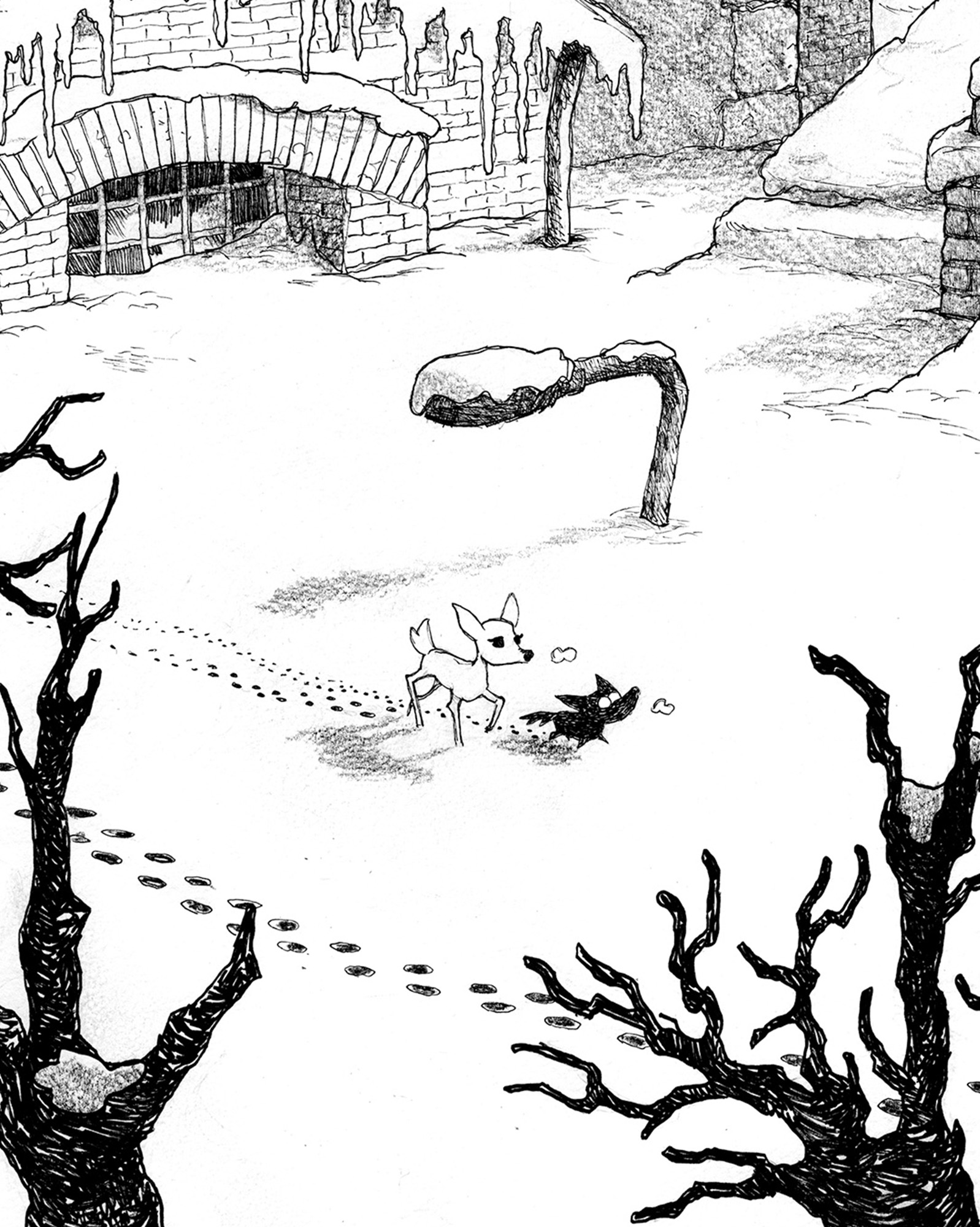 Illustration conceptuelle du jeu Blanc en noir et blanc. Le faon et le louveteau marchent seuls dans un paysage urbain, enneigé après une violente tempête.