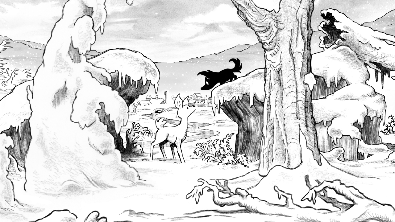 Artwork principal et couverture du jeu Blanc. l'illustration est réalisée entièrement au crayon, à la main, en noir et blanc. Elle représente une scène de nature enneigée. Au centre, deux animaux se font face, intrigués : un faon blanc et un louveteau noir.