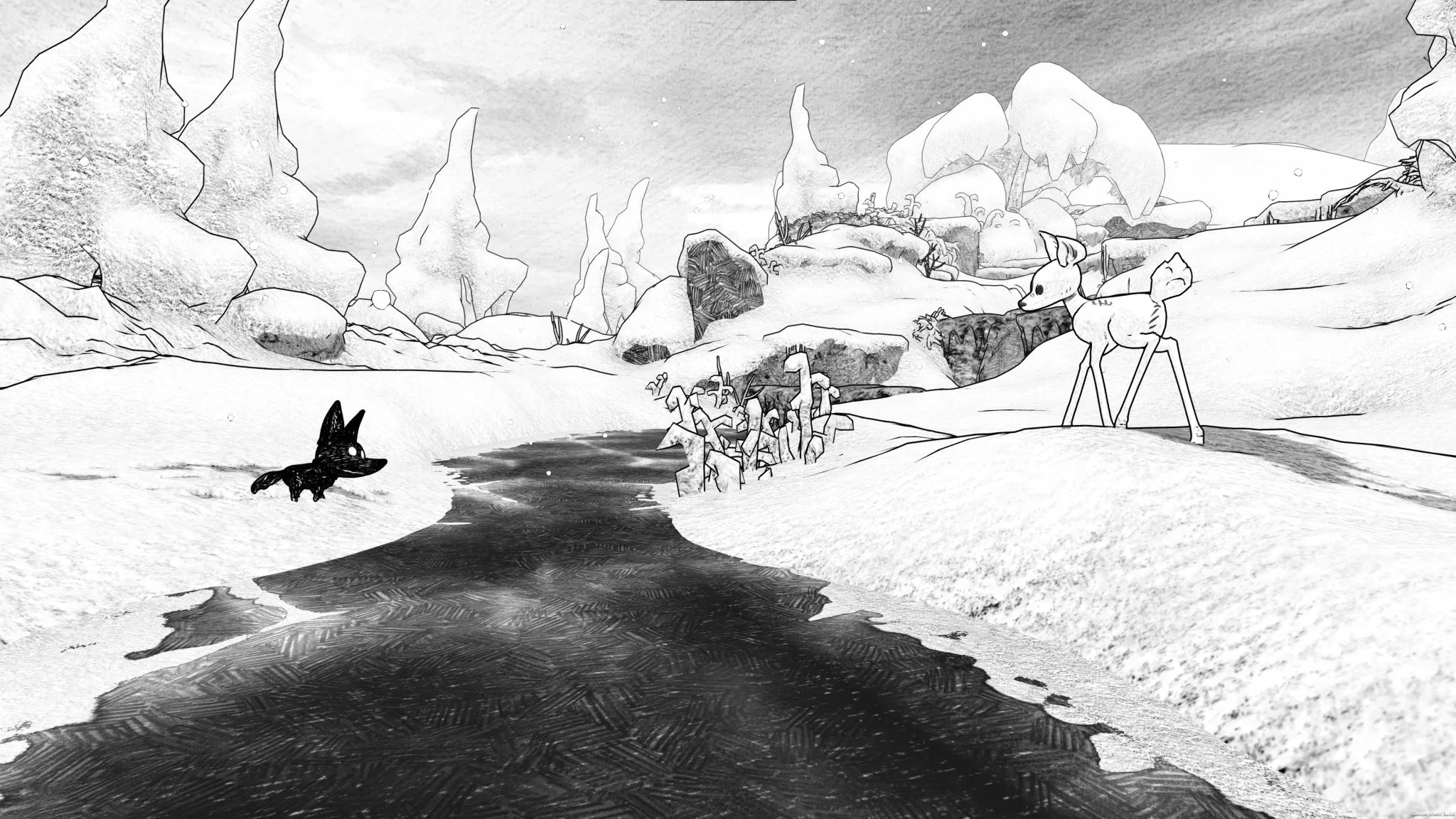 Capture d'écran du jeu. Le faon et le louveteau se rencontrent pour la première fois et se font face de part et d'autre d'une rivière.
