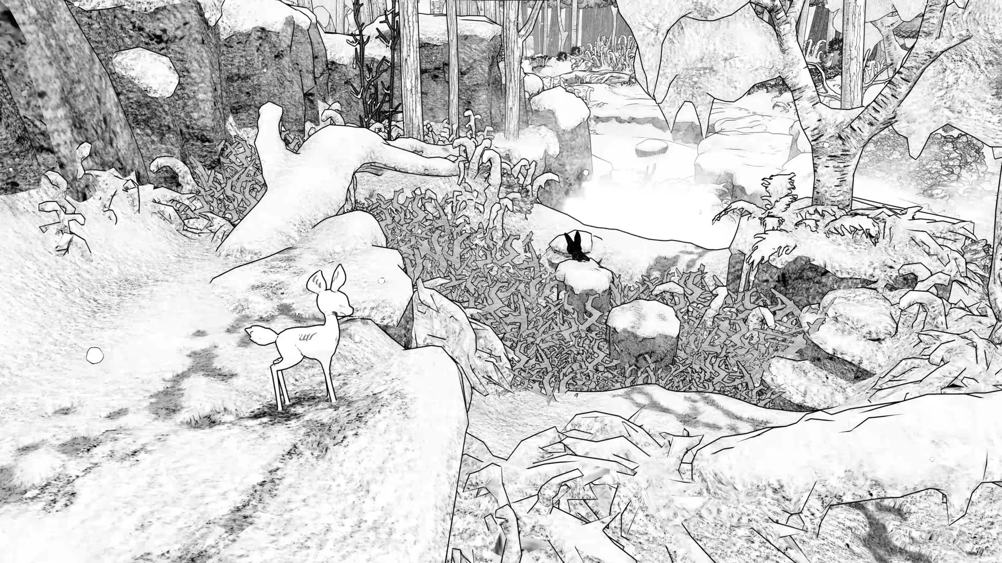 Capture d'écran du jeu. Le faon et le louveteau franchissent divers obstacles pour traverser une forêt.