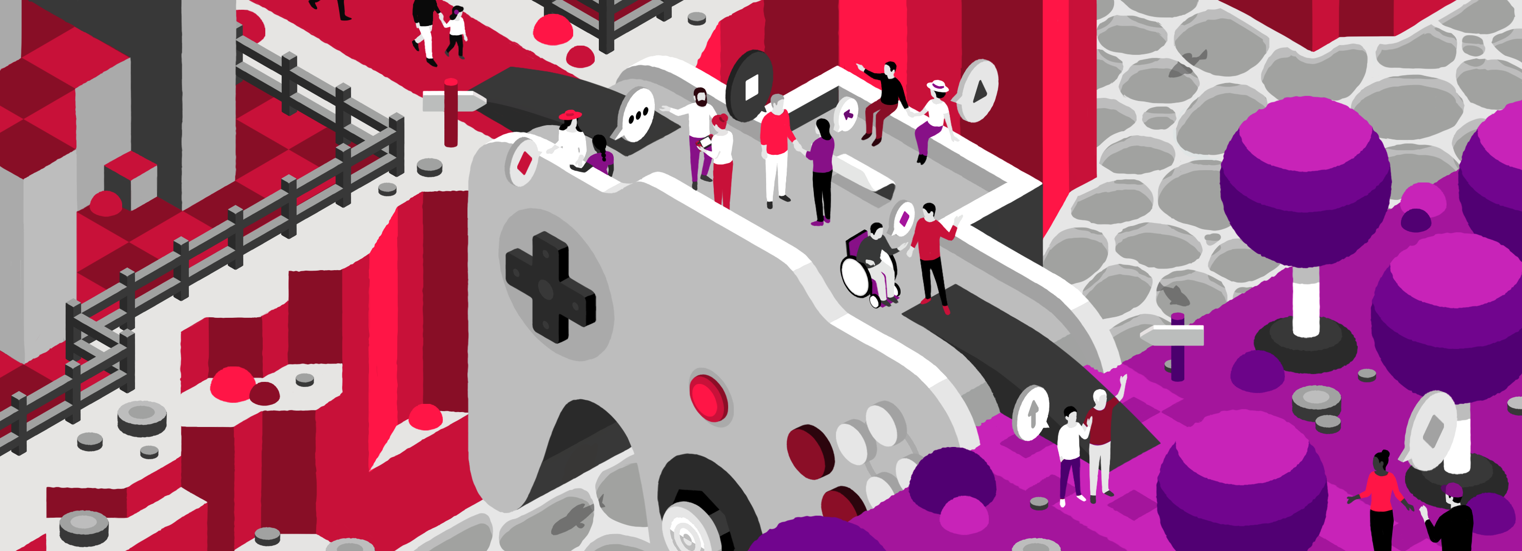 Illustration de la page "Médiation par le jeu". Un pont en forme de manette de jeu relie deux côtés d'une rivière, l'un rouge, l'autre violet. Le pont est peuplé de personnages colorés rouge ou violet. Le pont agit comme un lien, un lieu de rendez-vous entre les deux communautés.